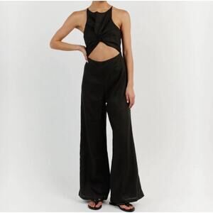 DISSH Black Leo 100% Linen Jumpsuit Sz US 10 Pantsuit Career office boho